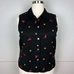 Amy K Su Novelty Embroidered Sleeveless Blouse Size XL Lobster Sun Starfish 90's